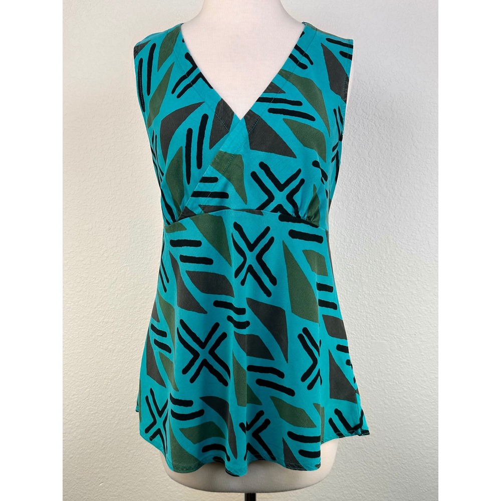 Tianello Soul of Africa Cindy Tank Teal‎ Abstract Print Tencel USA V Neck Top M